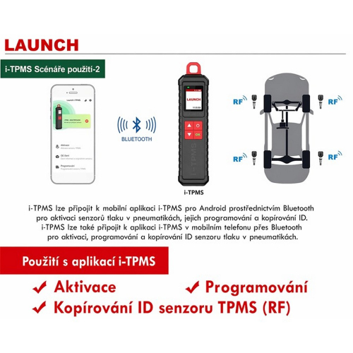 LAUNCH i-TPMS – scenár použitia s Bluetooth aplikáciou pre Android, komunikácia s RF senzormi kolies