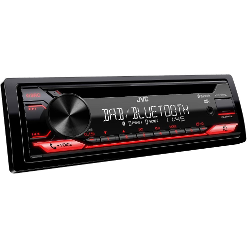 JVC KD-DB622BT 1DIN autoradio – perspektívny pohľad, červené podsvietenie ovládacieho panela