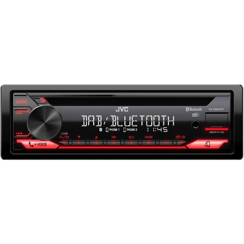 JVC KD-DB622BT autorádio – čelný pohľad, LCD displej DAB/Bluetooth, červené podsvietenie tlačidiel