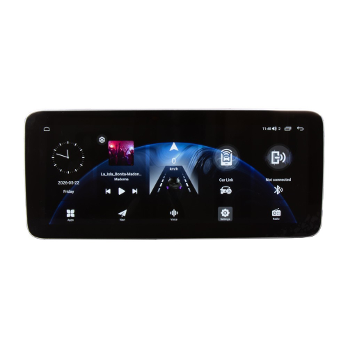 Hlavní obrazovka Android monitoru Mercedes-Benz – navigace, přehrávač, Car Link