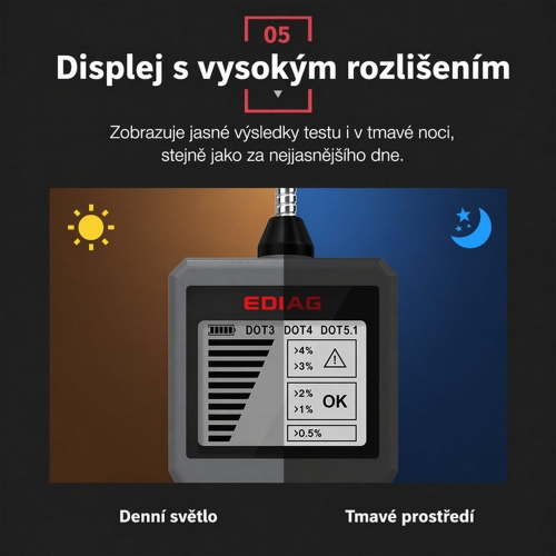 LCD displej testeru EDIAG BF200 – zobrazení výsledku měření DOT3 DOT4 DOT5.1 ve tmě i na světle