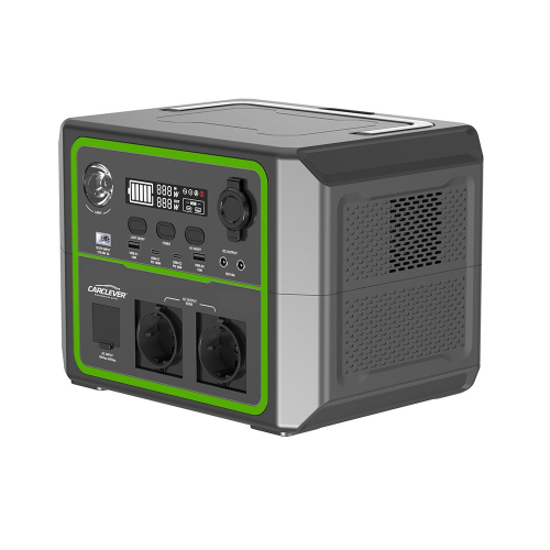 Nabíjacia stanica GPS600 — bočný pohľad, AC vstup, 2× Schuko výstup 600 W a chladiace mriežky
