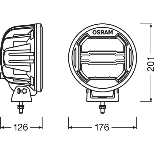 Technický výkres OSRAM LEDriving Round MX180-CB – rozmery 126 × 176 × 201 mm