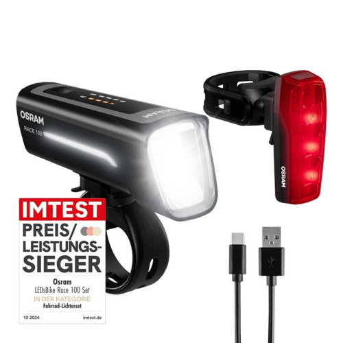 OSRAM LEDsBIKE RACE 100 SET so zapnutými svetlami a USB-C káblom