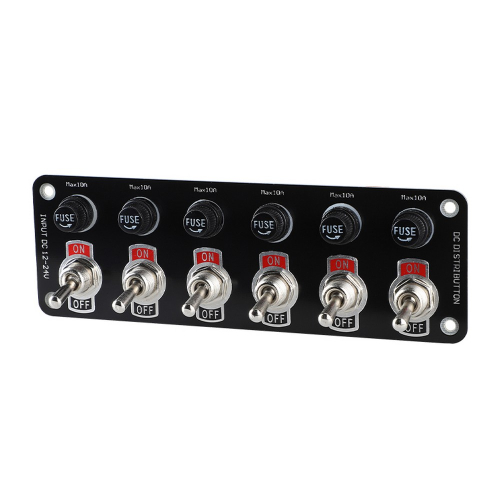 Panel so 6 prepínačmi ON/OFF a poistkami 12/24 V