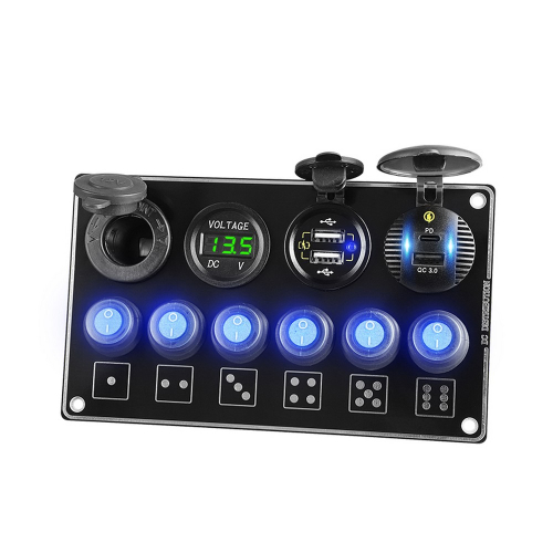 Prepínačový panel 12/24 V so 6 spínačmi a USB portmi
