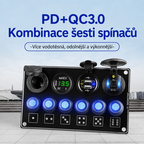 Prepínačový panel so 6 podsvietenými spínačmi a nabíjačkou