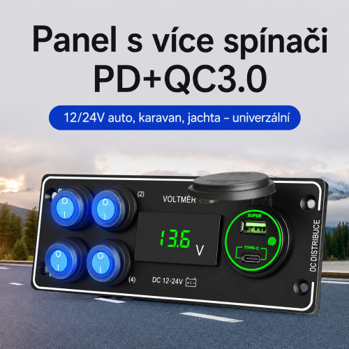 Spínačový panel 12/24 V pre autá, karavany a lode