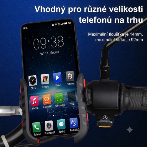 Držiak telefónu na riadidlách s vloženým mobilným telefónom