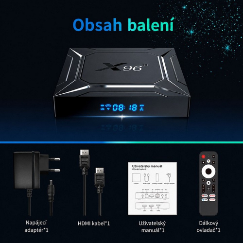 Obsah balenia prehrávača X96 s adaptérom, HDMI káblom a ovládačom