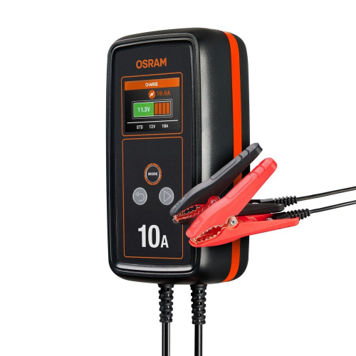Bočný pohľad na nabíjačku OSRAM BATTERYcharge 1010 so svorkami