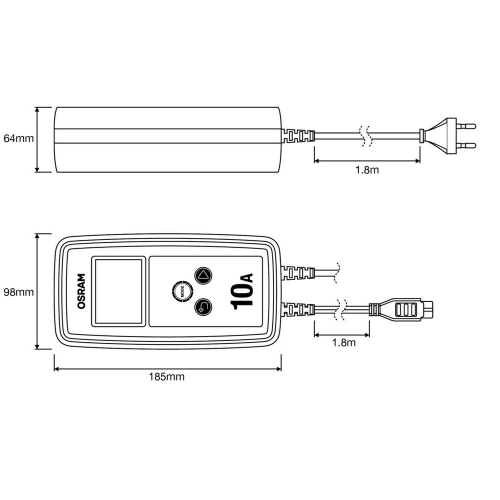 Rozmery nabíjačky OSRAM BATTERYcharge 1010 a dĺžka káblov