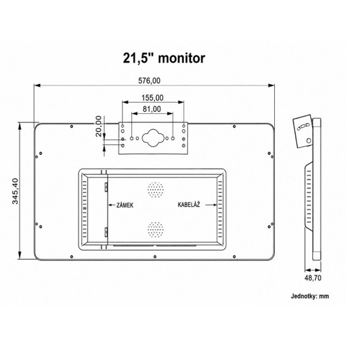 Stropný LCD monitor 21,5" – technický nákres rozmerov a držiaka