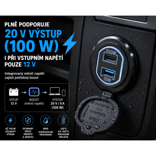USB-C nabíjačka 100 W s USB-A 18 W, meničom napätia a krytím IP65
