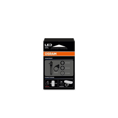 Zadná strana balenia OSRAM LEDsBIKE ACC101 s obsahom sady a priemermi riadidiel