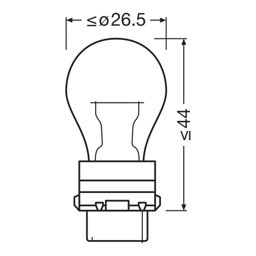 Technický nákres rozmerov autožiarovky OSRAM PY27/7W s priemerom 26,5 mm a výškou do 44 mm