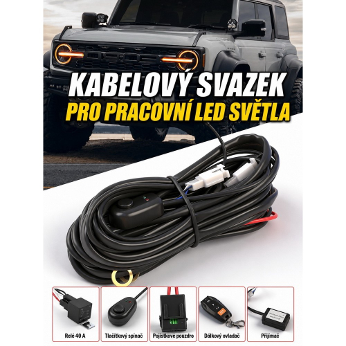 Káblový zväzok pre pracovné LED svetlá s relé, poistkou a ovládaním