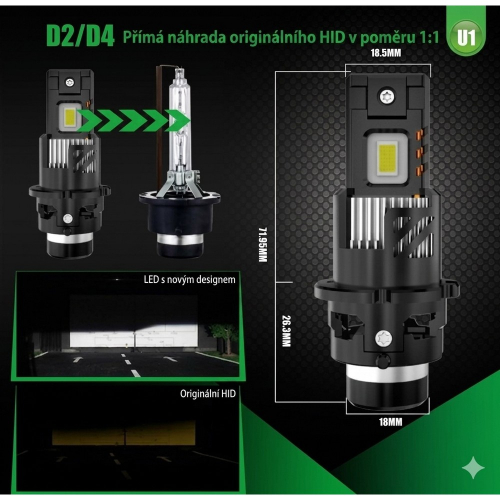 Porovnanie LED svetelného zdroja U1 s originálnou xenónovou výbojkou D2/D4