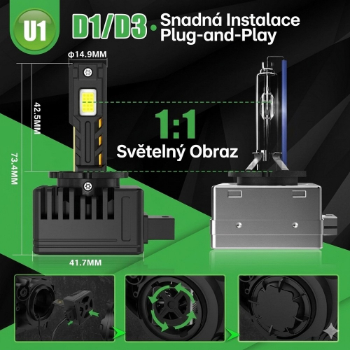 Informačný obrázok LED žiarovky U1 D1/D3 s rozmermi, svetelným obrazom 1:1 a Plug-and-Play montážou