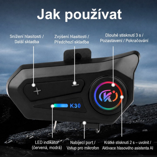 Zobrazenie ovládania Bluetooth handsfree K30 s popisom tlačidiel, LED indikátora, mikrofónového vstupu a nabíjacieho portu