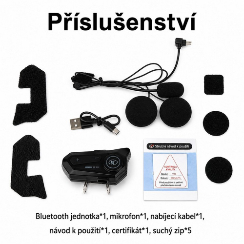 Prehľad príslušenstva Bluetooth handsfree sady K30 vrátane jednotky, mikrofónu, slúchadiel, nabíjacieho kábla, suchých zipsov a návodu