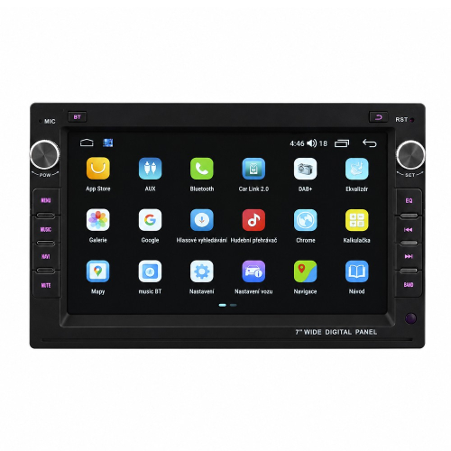 Aplikačné menu autorádia Android s ikonami navigácie, Bluetooth, Car Link, DAB+ a prehrávača hudby
