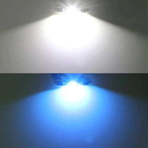 Porovnanie svietenia LED žiarovky C5W v bielej a ľadovo modrej farbe