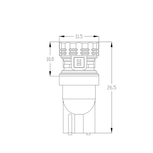Rozmerový nákres LED žiarovky T10 W5W s priemerom 11,5 mm a dĺžkou 26,5 mm