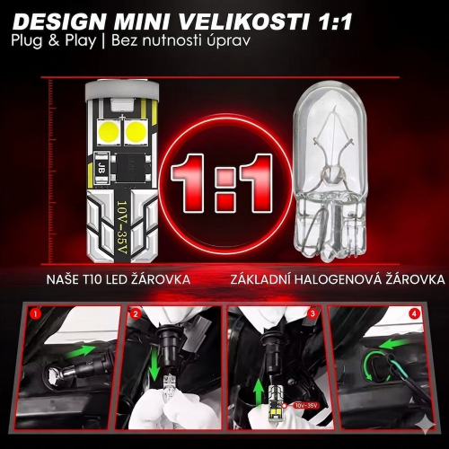 Porovnanie LED žiarovky T10 W5W s klasickou halogénovou žiarovkou v pomere veľkosti 1:1