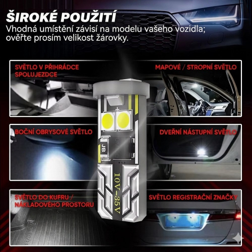Možnosti použitia LED žiarovky T10 W5W v interiéri, kufri, dverách, obrysových svetlách a osvetlení ŠPZ