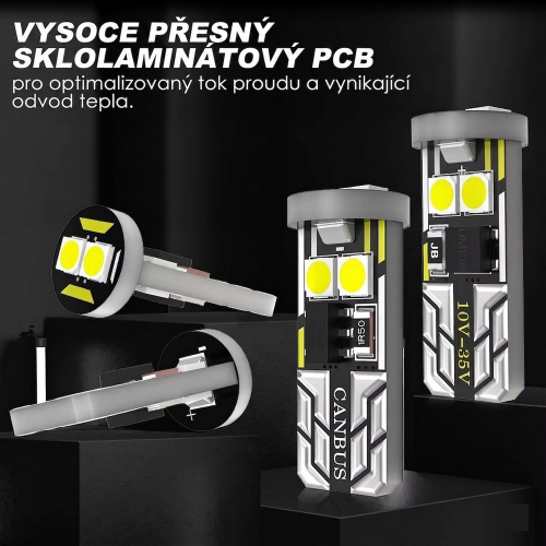 Detail konštrukcie LED žiarovky T10 W5W so sklolaminátovým PCB a optimalizovaným odvodom tepla
