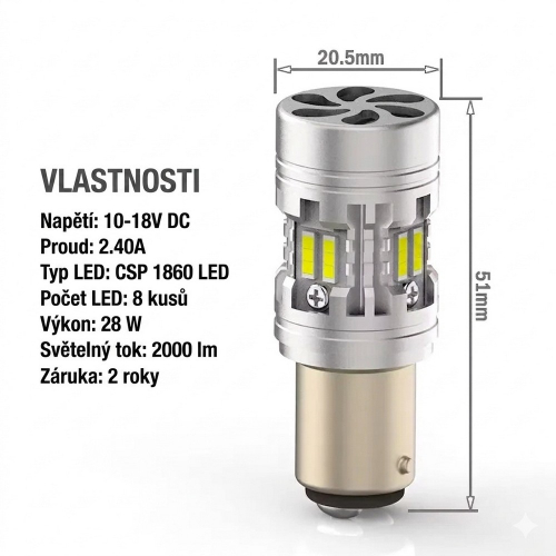 Technické rozmery LED žiarovky BA15S 20,5 × 51 mm so svetelným tokom 2000 lm