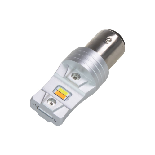 Detail LED žiarovky BAY15D s dvojfarebným CSP čipom pre biele a oranžové svetlo