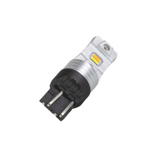 Detail pätice T20 7443 a hliníkového tela LED žiarovky Switchback s bielym a oranžovým čipom