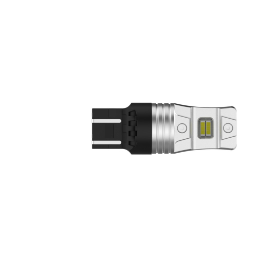 Bočný pohľad na LED žiarovku T20 7443 W21/5W s bielym LED čipom a plastovou päticou