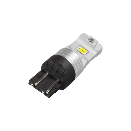 LED žiarovka T20 7443 v šikmom pohľade s bielym CSP čipom a konektorovou päticou
