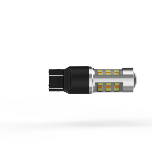 Bočný pohľad na LED žiarovku T20 7443 Switchback s 33 SMD čipmi a projektorovou šošovkou