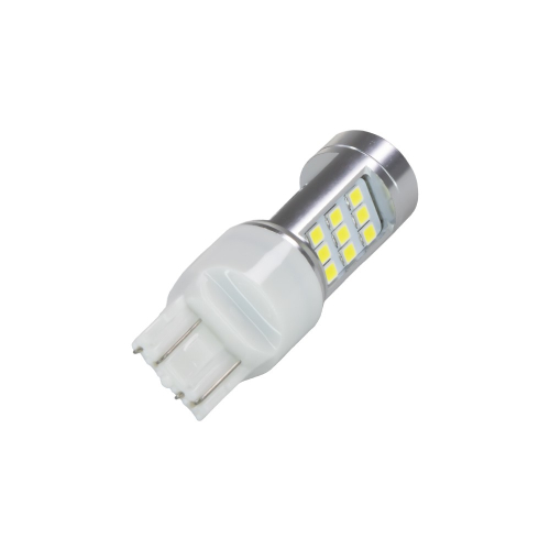 Čelný pohľad na bielu LED žiarovku T20 7443 s 33 čipmi SMD 2835 a päticou W21/5W