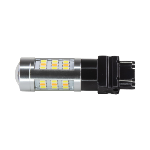 Bočný detail LED žiarovky T25 3157 P27/7W s projektorovou šošovkou a dvojfarebnými SMD čipmi