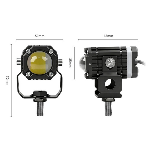 Rozmery prídavného LED svetla na motocykel – šírka 50 mm, výška 70 mm a dĺžka 65 mm