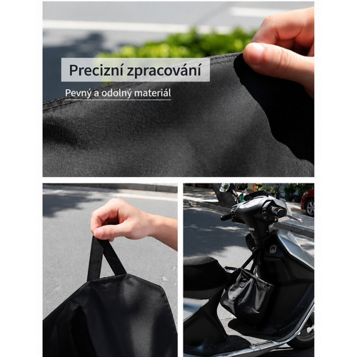 Detail pevného šitia, držadla a použitia ochranného vaku na skútri