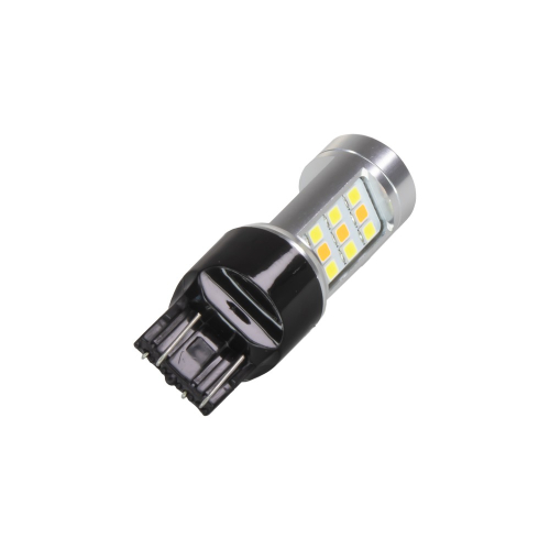 Predný pohľad na LED žiarovku T20 7443 s čelnou šošovkou a LED čipmi po celom obvode