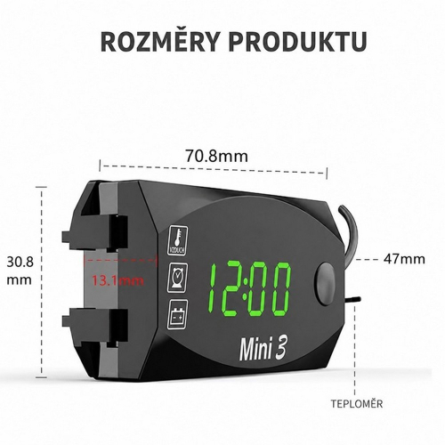 Rozmery digitálneho ukazovateľa 3v1 – 70,8 × 47 × 30,8 mm