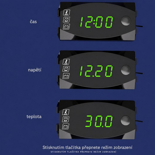 Zobrazenie času, napätia a teploty na multifunkčnom LED ukazovateli 3v1