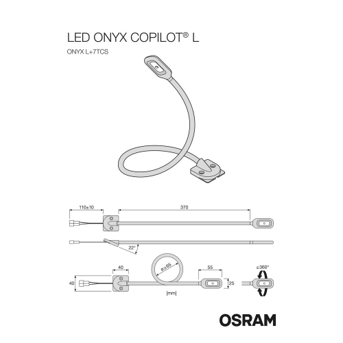 Technický nákres lampy OSRAM ONYX COPILOT L s rozmermi a uhlom nastavenia