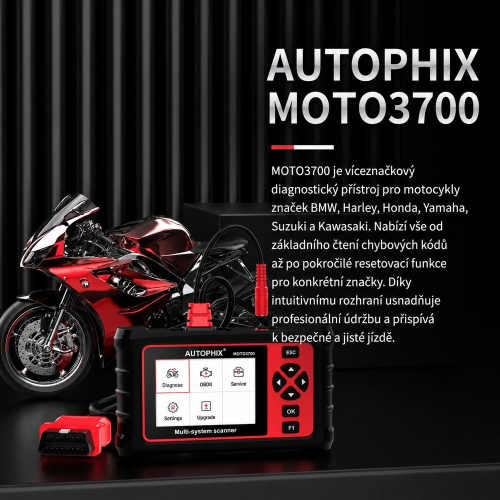 Autophix MOTO3700 pre diagnostiku motocyklov BMW, Harley, Honda, Yamaha, Suzuki a Kawasaki