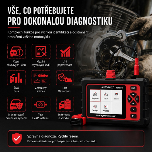 Diagnostické funkcie Autophix MOTO3700 vrátane OBD-II, živých dát a testu senzorov