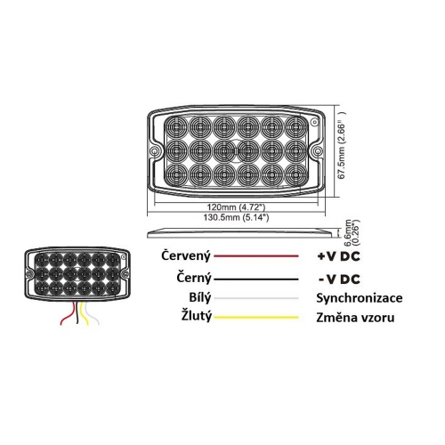 Rozmery a schéma zapojenia LED výstražného svetla SLIM 130 × 68 × 7 mm
