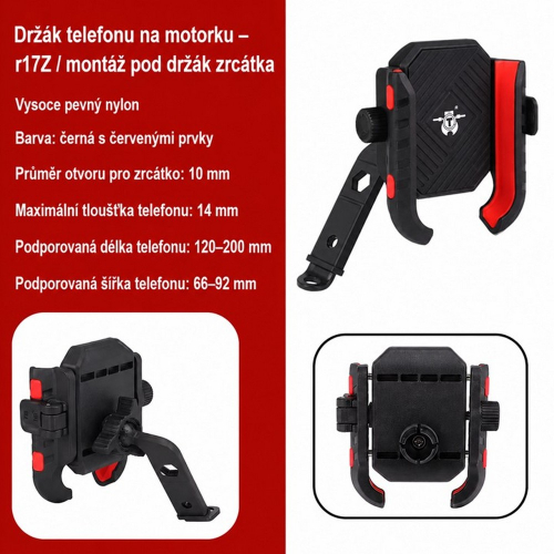 Držiak telefónu R17Z – rozmery kompatibility a montáž do otvoru zrkadla Ø 10 mm