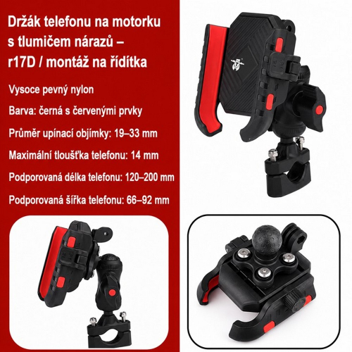 Držiak telefónu na motorku s tlmičom vibrácií a objímkou na riadidlá 19 – 33 mm
